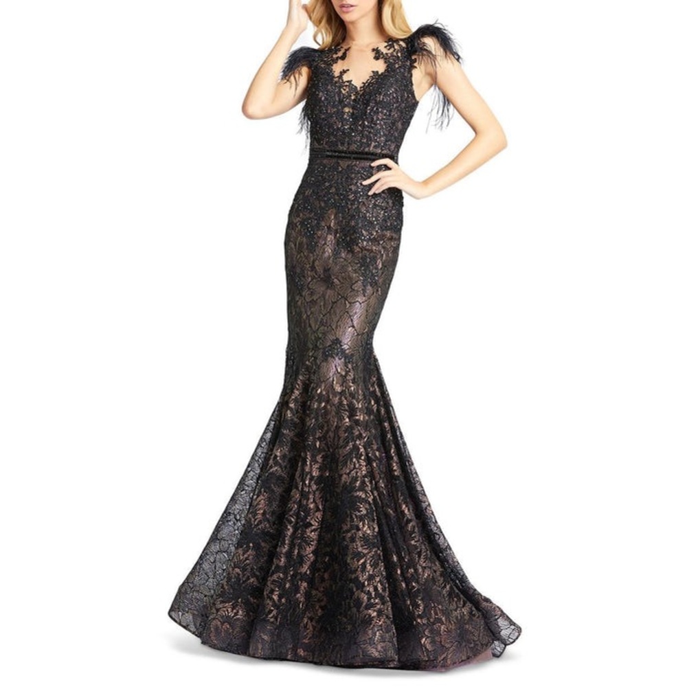 MAC DUGGAL Illusion Sequin Lace Feather Sleeve Mermaid Gown